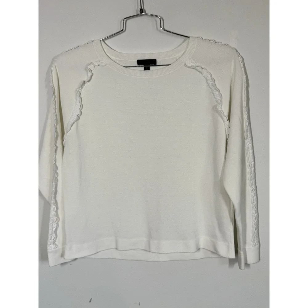 J Crew White Cropped Long Sleeve Cotton Sweater With Crochet Accents Sz M Spring
